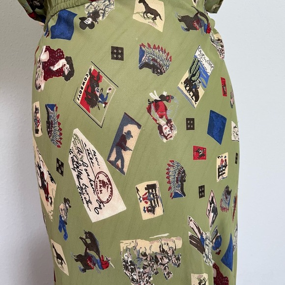 Vintage 90s Does 30s Green Novelty Print Cowboy Maxi Dress // Size Large - Picture 8 of 9